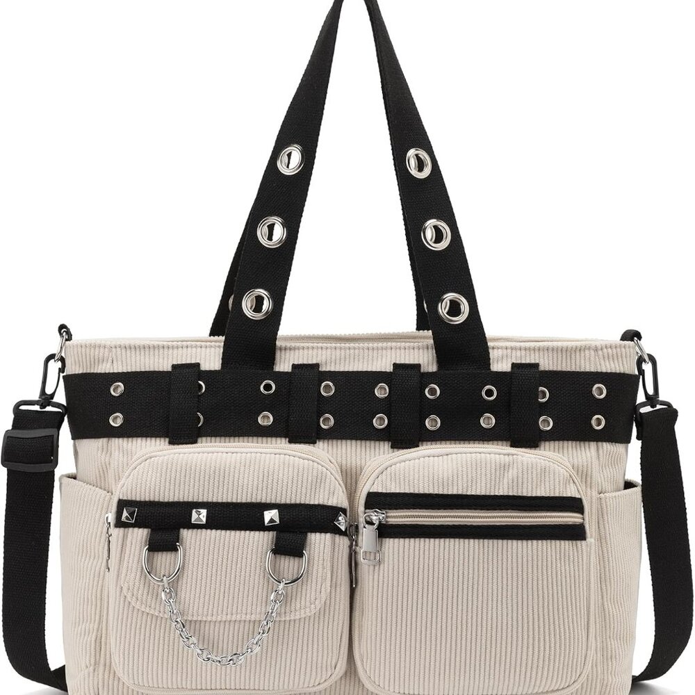 Tote Bag for Women, Corduroy Gothic Purse Goth Bag with Zipper for College, Work